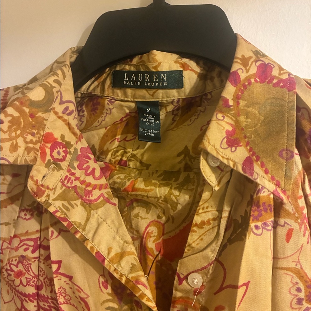 Lauren Ralph Lauren Beige Floral Button-Up Shirt with Pink Accents